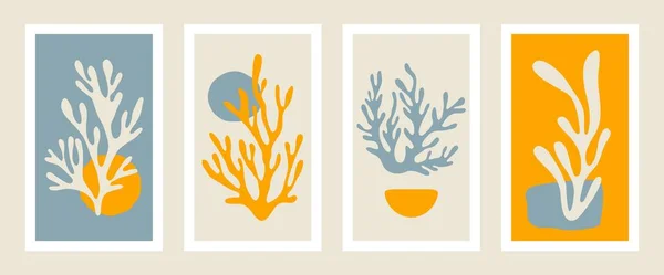 Soyut mercan posterleri. Çağdaş minimalist organik şekiller Matisse tarzı, renkli mercanlar, grafik vektör çizimi
