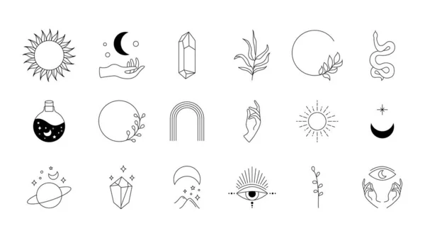 Boho firka misztikus készlet. Varázslatos kézzel rajzolt egyszerű logó ikonok kígyó kristály szem nap hold. Absztrakt vektor illusztráció — Stock Vector