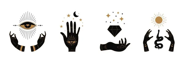 Manos místicas de garabato boho. Iconos esotéricos dibujados a mano, logo femenino simple engastado con serpiente solar de ojo de luna. Ilustración vectorial — Archivo Imágenes Vectoriales