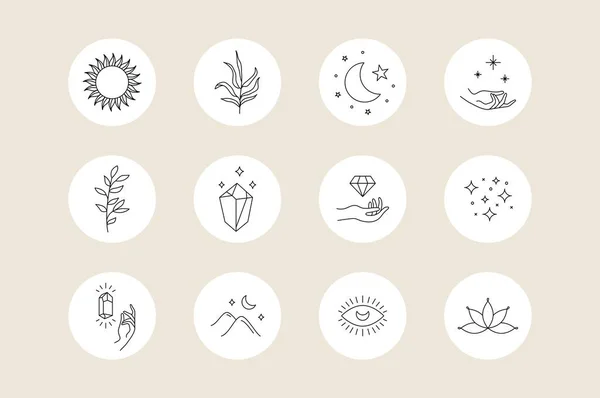 Copertine clou dei social media. Set mistico di icone minimali boho, semplice disegno del logo disegnato a mano bohemien. Illustrazione vettoriale — Vettoriale Stock