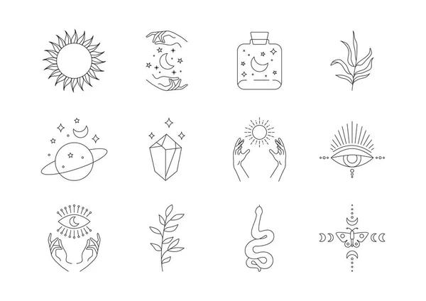 Iconos de línea mística Boho. Tatuajes simples, logotipos de astrología dibujados a mano, conjunto bohemio de símbolos esotéricos mágicos. Ilustración vectorial — Vector de stock