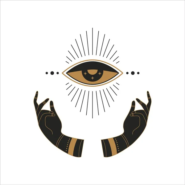 Boho doodle mystieke sjabloon. Handgetekende esoterische magische handen met maanoog, eenvoudig vrouwelijk logo ontwerp. Vectorillustratie — Stockvector