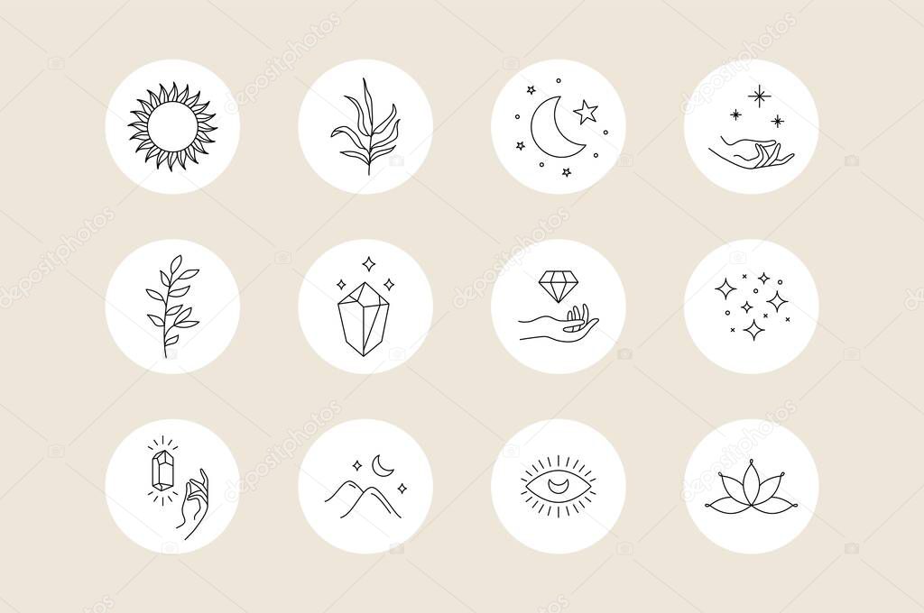 Social media highlight covers. Mystic set of boho minimal icons, simple bohemian hand drawn logo design. Vector illustration.