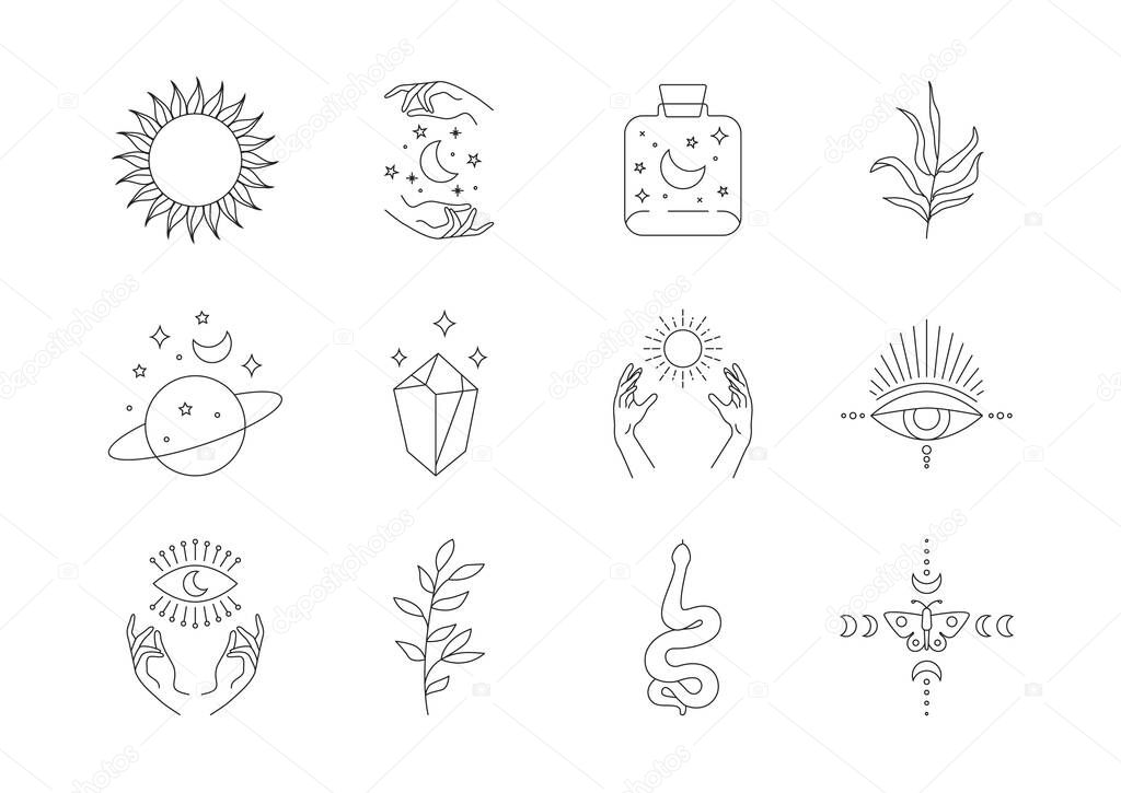 Boho mystic line icons. Simple tattoos, hand drawn astrology logos, bohemian set of magic esoteric symbols. Vector illustration.