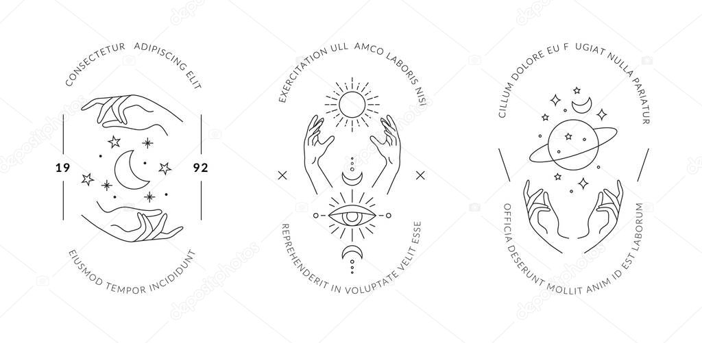 Boho hand drawn magic logos. Minimal bohemian mystic icons linear style, hands moon sun space esoteric symbols, simple vector tattoo.