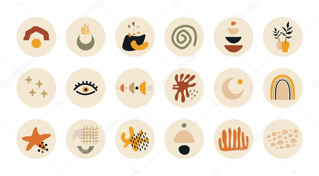 Abstract stories highlight cover. Social media story round icons, art design contemporary boho style. Vector illustration for blogging