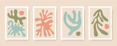 Soyut organik şekiller kolajlar. Renkli karalamalarla dolu çağdaş bir poster seti. Minimalist Matisse tarzı. Modern vektör illüstrasyonu