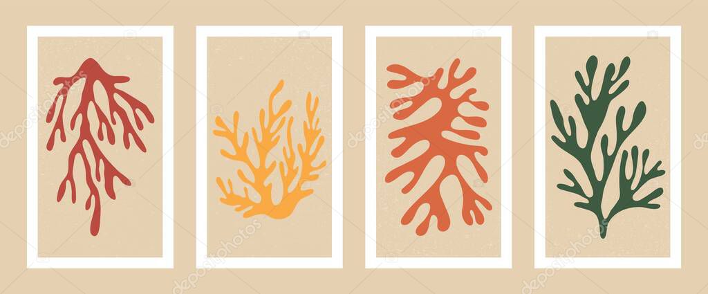 Abstract coral posters. Contemporary organic shapes minimalist Matisse style, colorful scribbles. Modern vector illustration