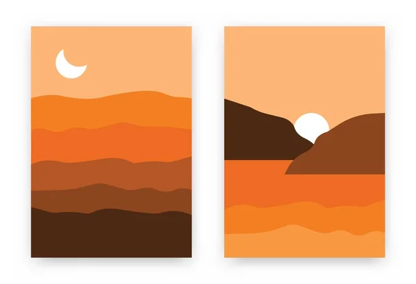Fonds de montagne abstraits. Poster peint à la main avec collines, rivière, nuages, soleil, lune style scandinave. Décor mural vectoriel — Image vectorielle