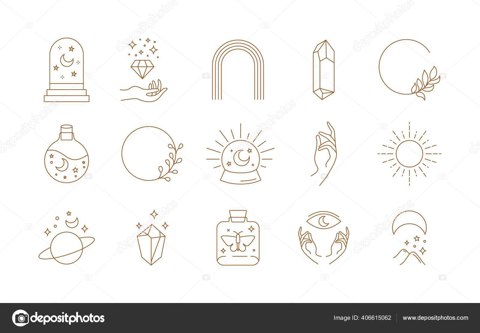 Boho Doodle Linear Set Magic Mystic Hand Drawn Simple Logo Icons With Crystal Eye Sun Moon Abstract Vector Illustration Vector Image By C Arelix Vector Stock