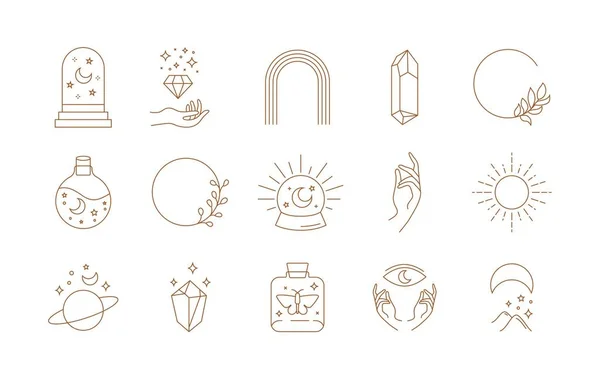 Boho firka lineáris készlet. Varázslatos misztikus kéz rajzolt egyszerű logó ikonok kristály szem nap hold. Absztrakt vektor illusztráció — Stock Vector
