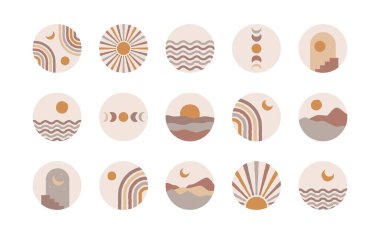 Boho sosyal medya kapakları. Soyut hikayeler çağdaş tarz, güneş ay hikayesi yuvarlak ikonlar, vektör yüzyılın ortası illüstrasyon