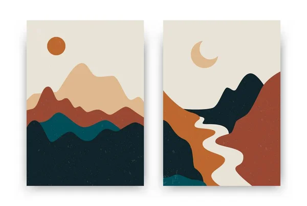 Affiches de paysage abstraites. Ensemble de fond boho contemporain, moderne soleil lune montagnes décor mural minimaliste. Tirage d'art vectoriel — Image vectorielle