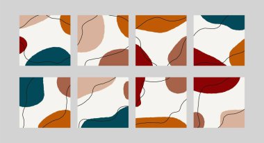 Soyut sosyal medya afişleri. Çağdaş arka plan seti, boho kapakları, minimalist karalama organik şekiller. Vektör tasarımı