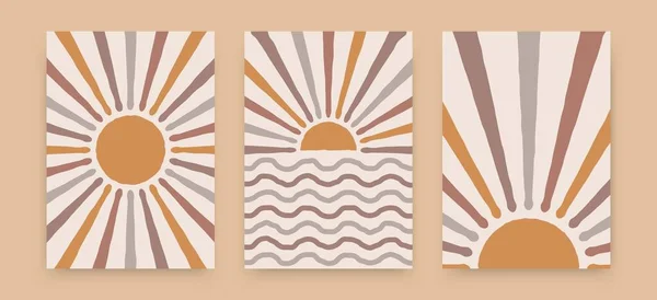 Soyut güneş posterleri. Boho çağdaş arka planlar, bej moda olan yüzyılın ortalarını kapsıyor. Geometrik duvar dekoru, vektör illüstrasyonu