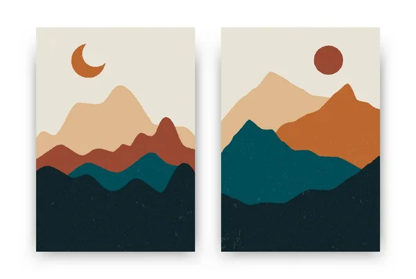 Paysages montagneux bohèmes abstraits. affiches contemporaines, ensemble de fond boho, moderne vecteur soleil lune montagnes décor mural — Image vectorielle