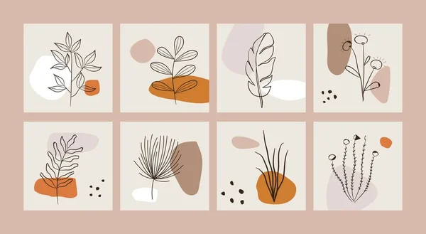 Abstrakt sociala medier banderoller. Minimalistisk kollektion med handritade kontur blommor blad formar modern stil. Vektorillustration — Stock vektor