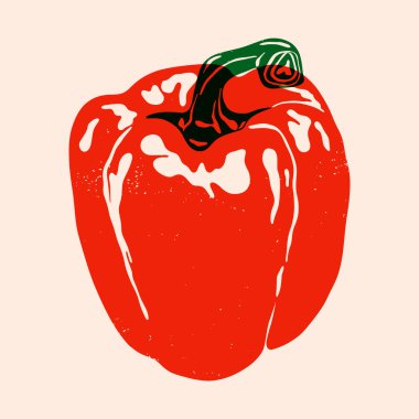 Kırmızı dolma biber. Tamamen tatlı kırmızı biber ve yeşil saplı, soyut taze organik gıda risograf tarzı, olgun vejetaryen çiftlik ürünü sanat baskı menüsü tasarımı. Vektör illüstrasyonu.