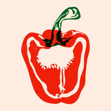 Kırmızı dolma biber. Tatlı kırmızı biberli sebze yarısı, soyut taze organik gıda stili, sanat baskısı poster tasarımı için olgun vejetaryen çiftlik ürünü. Vektör illüstrasyonu.