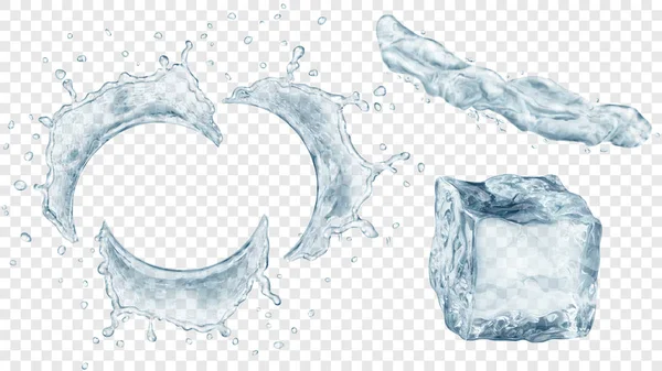 Набор Полупрозрачных Полукруглых Брызг Воды Капельками Струей Жидкости Кубика Льда — стоковый вектор