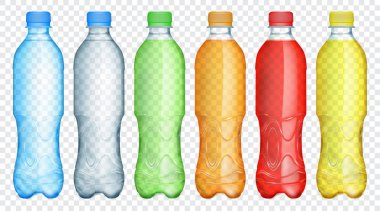 Çok renkli saydam plastik şişe kümesi açık mavi, gri, yeşil, turuncu, kırmızı ve sarı suyu veya su, üzerinde şeffaf arka plan izole dolu. Saydamlığı vektör formatında