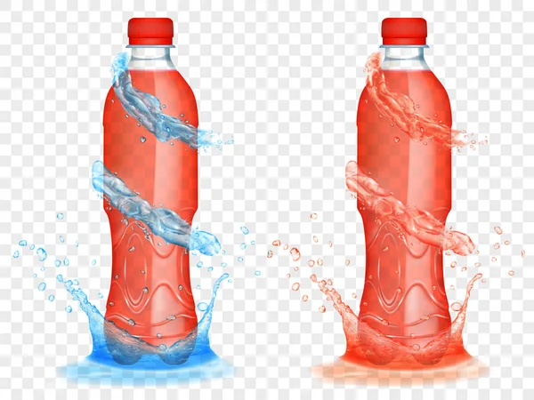 Две Прозрачные Пластиковые Бутылки Наполненные Красным Соком Светло Голубой Водой — стоковый вектор