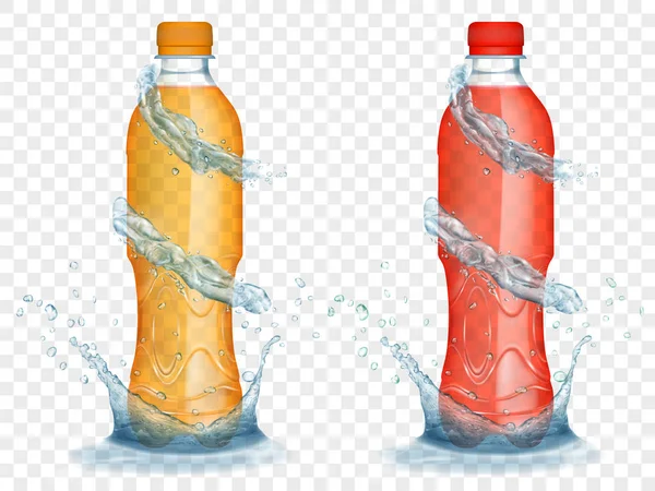 Dos Botellas Plástico Translúcidas Colores Naranja Rojo Con Coronas Agua — Archivo Imágenes Vectoriales