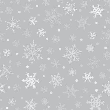 Kar taneleri, gri arka plan üzerinde beyaz Noel seamless modeli.