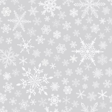 Kar taneleri, gri arka plan üzerinde beyaz Noel seamless modeli.