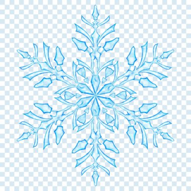 Büyük yarı saydam Noel kar tanesi şeffaf arka plan üzerine açık mavi renklerde. Saydamlığı vektör formatında