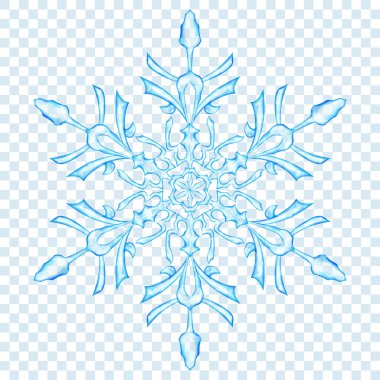 Büyük yarı saydam Noel kar tanesi şeffaf arka plan üzerine açık mavi renklerde. Saydamlığı vektör formatında