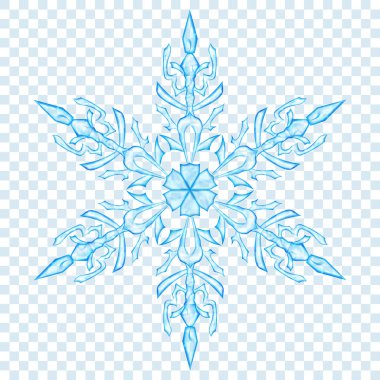 Büyük yarı saydam Noel kar tanesi şeffaf arka plan üzerine açık mavi renklerde. Saydamlığı vektör formatında