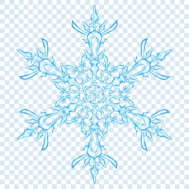Büyük yarı saydam Noel kar tanesi şeffaf arka plan üzerine açık mavi renklerde. Saydamlığı vektör formatında