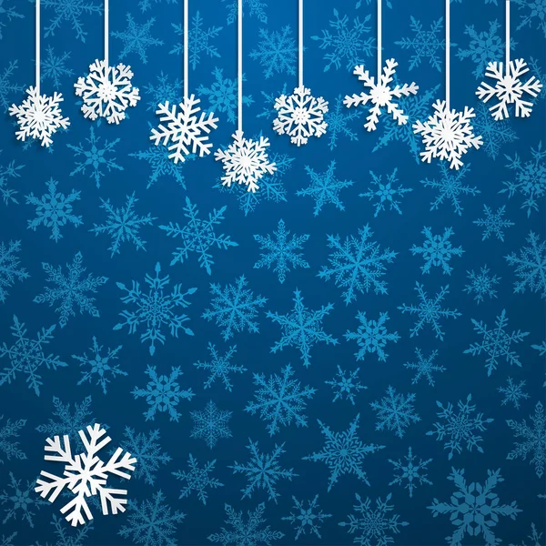 Christmas Illustration White Hanging Snowflakes Blue Background — Stock Vector