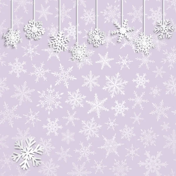 Kerstmis Illustratie Met Witte Sneeuwvlokken Lichte Paarse Achtergrond Opknoping — Stockvector