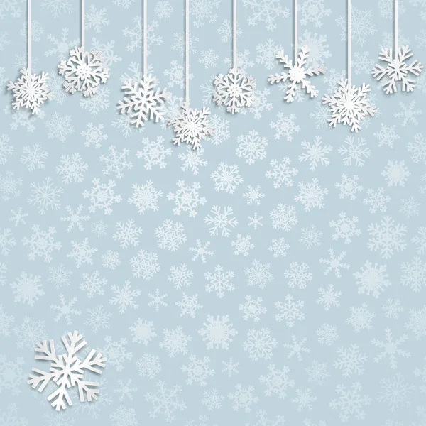 Weihnachten Illustration Mit Weißen Hängenden Schneeflocken Auf Hellblauem Hintergrund — Stockvektor