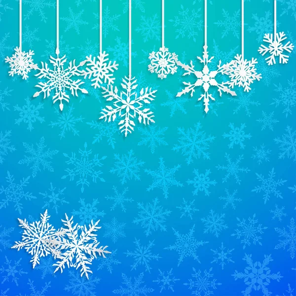 Christmas Illustration White Hanging Snowflakes Light Blue Background — Stock Vector