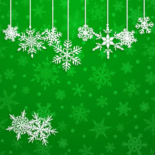 Christmas Illustration White Hanging Snowflakes Green Background — Stock Vector