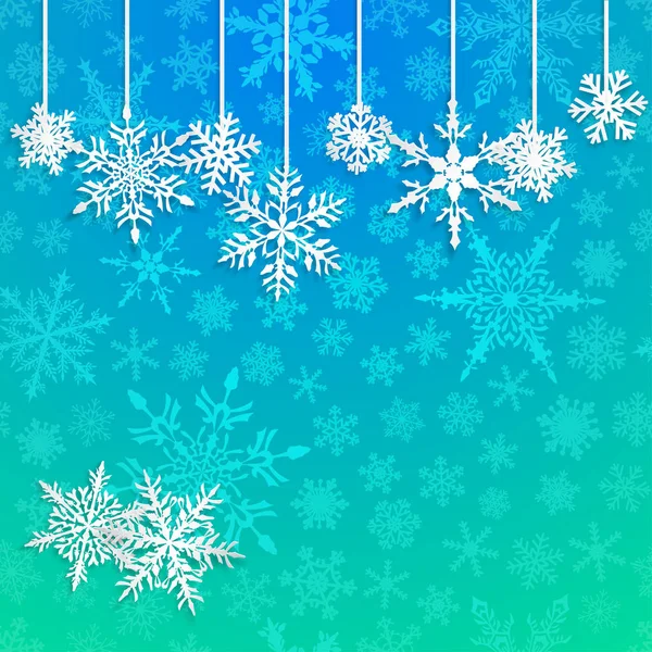 Christmas Illustration White Hanging Snowflakes Light Blue Background — Stock Vector