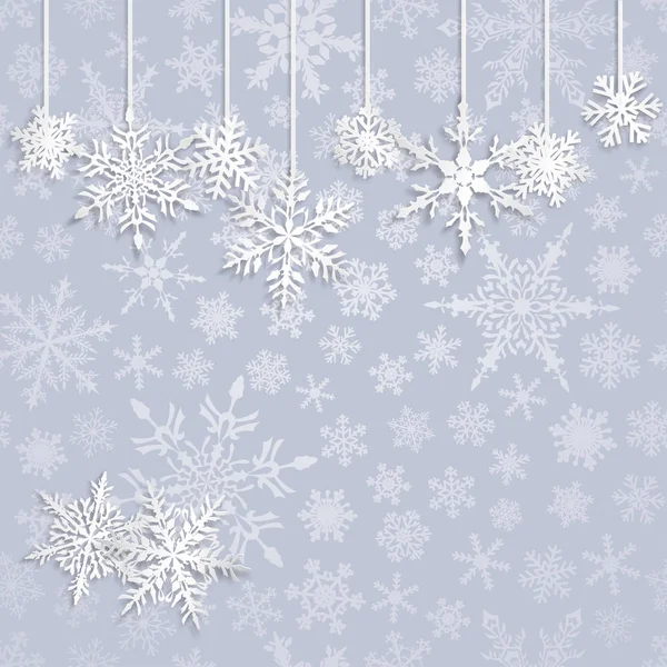 Vánoční Obrázek Bílým Visí Sněhové Vločky Světle Modrém Pozadí — Stockový vektor