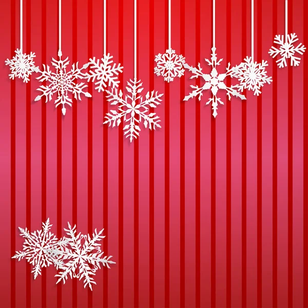 Χριστούγεννα Εικόνα Λευκό Κρέμονται Νιφάδες Χιονιού Στο Κόκκινο Ριγέ Φόντο — Διανυσματικό Αρχείο