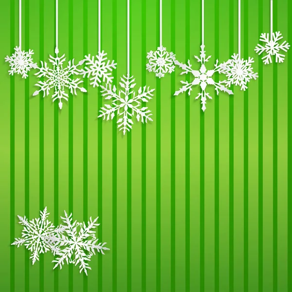 Різдвяна Ілюстрація Білими Висячими Сніжинками Зеленому Смугастому Фоні — стоковий вектор