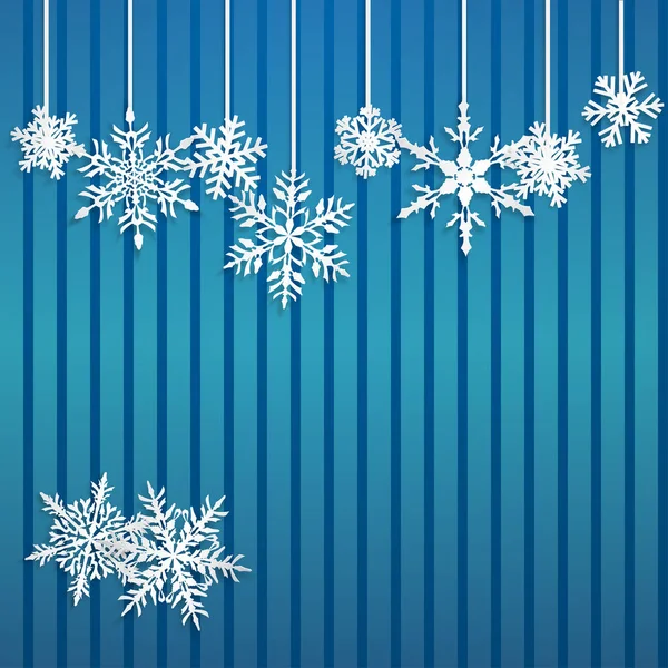 Χριστούγεννα Εικόνα Λευκό Κρέμονται Νιφάδες Χιονιού Στο Μπλε Ριγέ Φόντο — Διανυσματικό Αρχείο