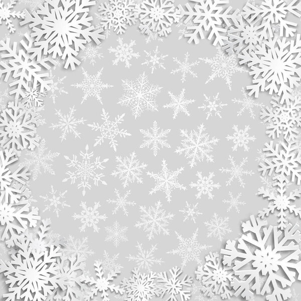 Рождественская иллюстрация с круговой рамкой из белых снежинок на сером фоне
