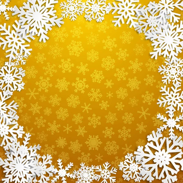 Vánoční Obrázek Rámečkem Kruh Bílých Vloček Žlutém Podkladu — Stockový vektor