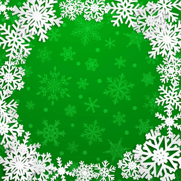 Рождественская Иллюстрация Круговой Рамкой Белых Снежинок Зеленом Фоне — стоковый вектор