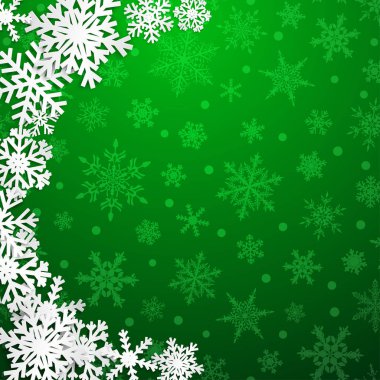 Yarım daire ile Noel Illustration yeşil arka plan üzerinde gölgeler ile büyük beyaz kar taneleri