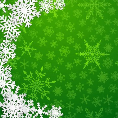 Yarım daire ile Noel Illustration yeşil arka plan üzerinde gölgeler ile büyük beyaz kar taneleri