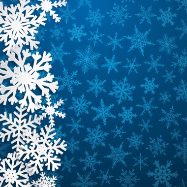 Christmas illüstrasyon mavi arka plan üzerinde gölgeler ile büyük beyaz kar taneleri ile