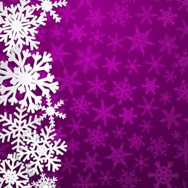 Christmas illüstrasyon mor arka plan üzerinde gölgeler ile büyük beyaz kar taneleri ile